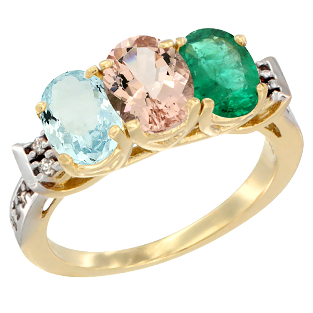 14K Yellow Gold Natural Aquamarine, Morganite &amp; Emerald Ring 3-Stone Oval 7x5 mm Diamond Accent, sizes 5 - 10