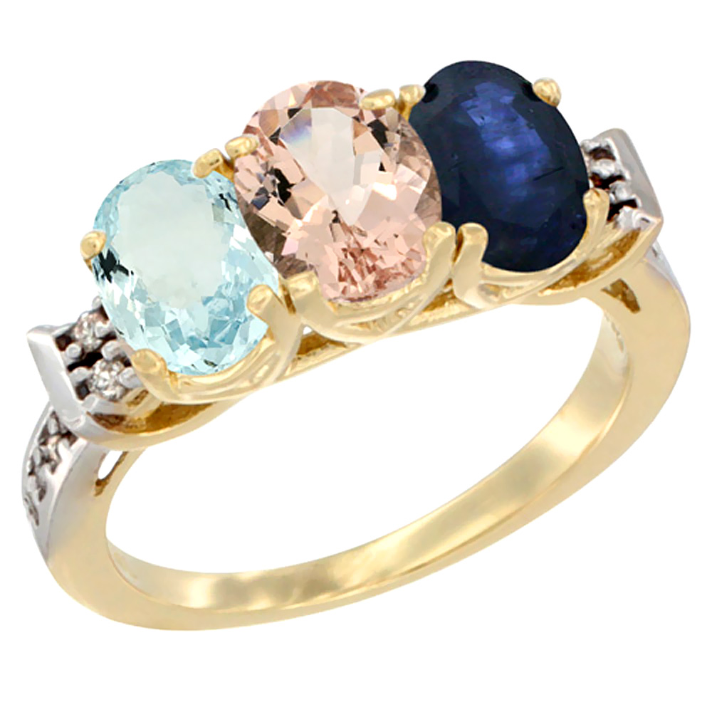 14K Yellow Gold Natural Aquamarine, Morganite & Blue Sapphire Ring 3-Stone Oval 7x5 mm Diamond Accent, sizes 5 - 10