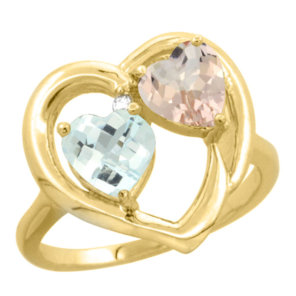 10K Yellow Gold Diamond Two-stone Heart Ring 6mm Natural Aquamarine & Morganite, sizes 5-10