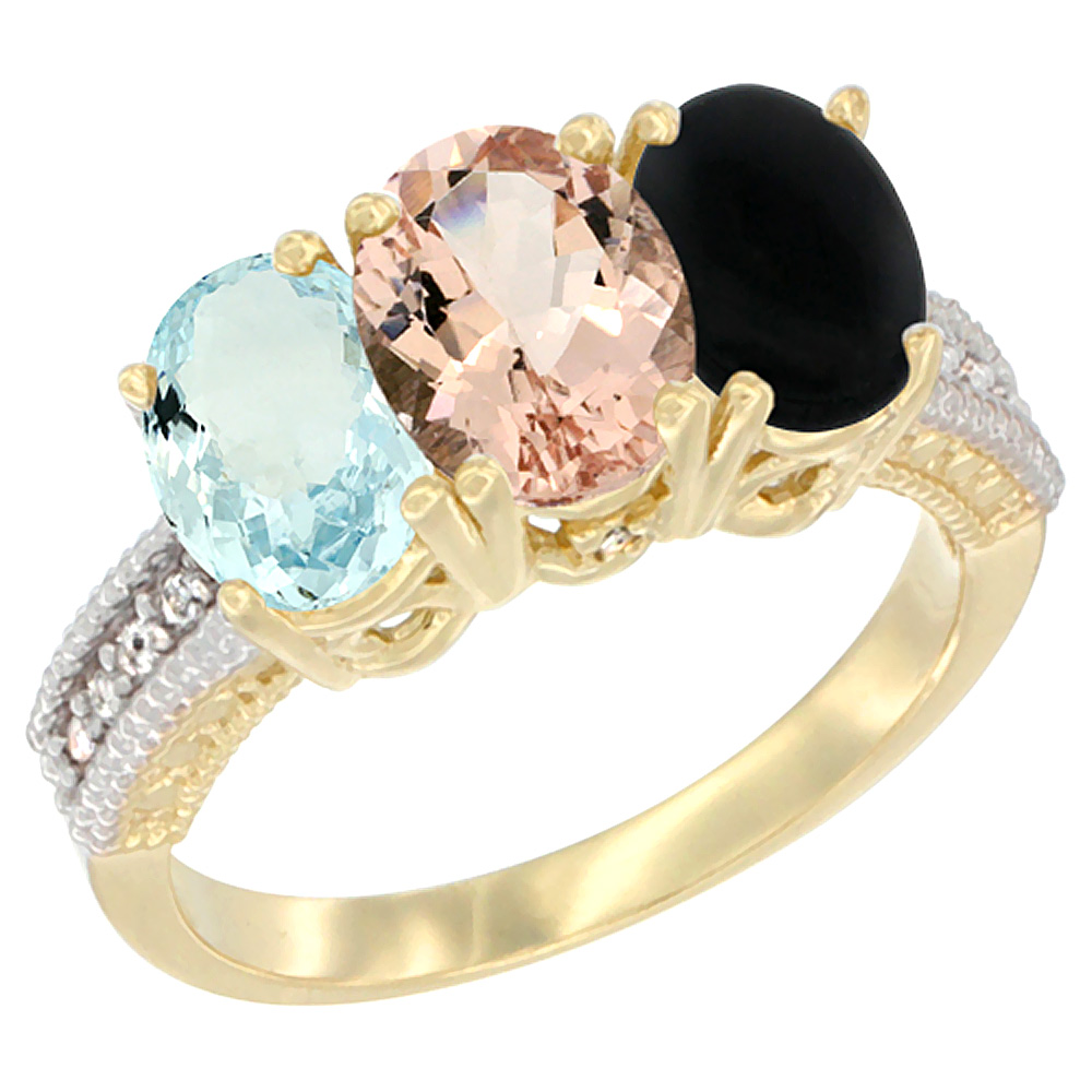 14K Yellow Gold Natural Aquamarine, Morganite & Black Onyx Ring 3-Stone Oval 7x5 mm Diamond Accent, sizes 5 - 10