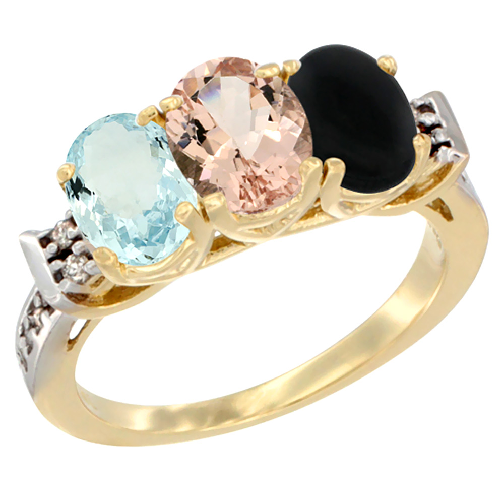 14K Yellow Gold Natural Aquamarine, Morganite & Black Onyx Ring 3-Stone Oval 7x5 mm Diamond Accent, sizes 5 - 10