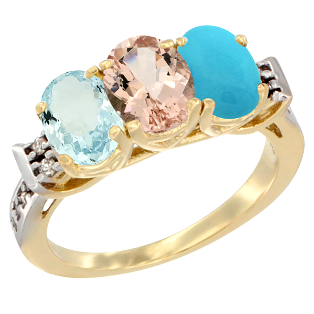 14K Yellow Gold Natural Aquamarine, Morganite &amp; Turquoise Ring 3-Stone Oval 7x5 mm Diamond Accent, sizes 5 - 10