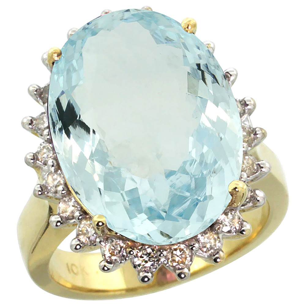 10k Yellow Gold Diamond Halo Natural Aquamarine Ring Large Oval 18x13mm, sizes 5-10