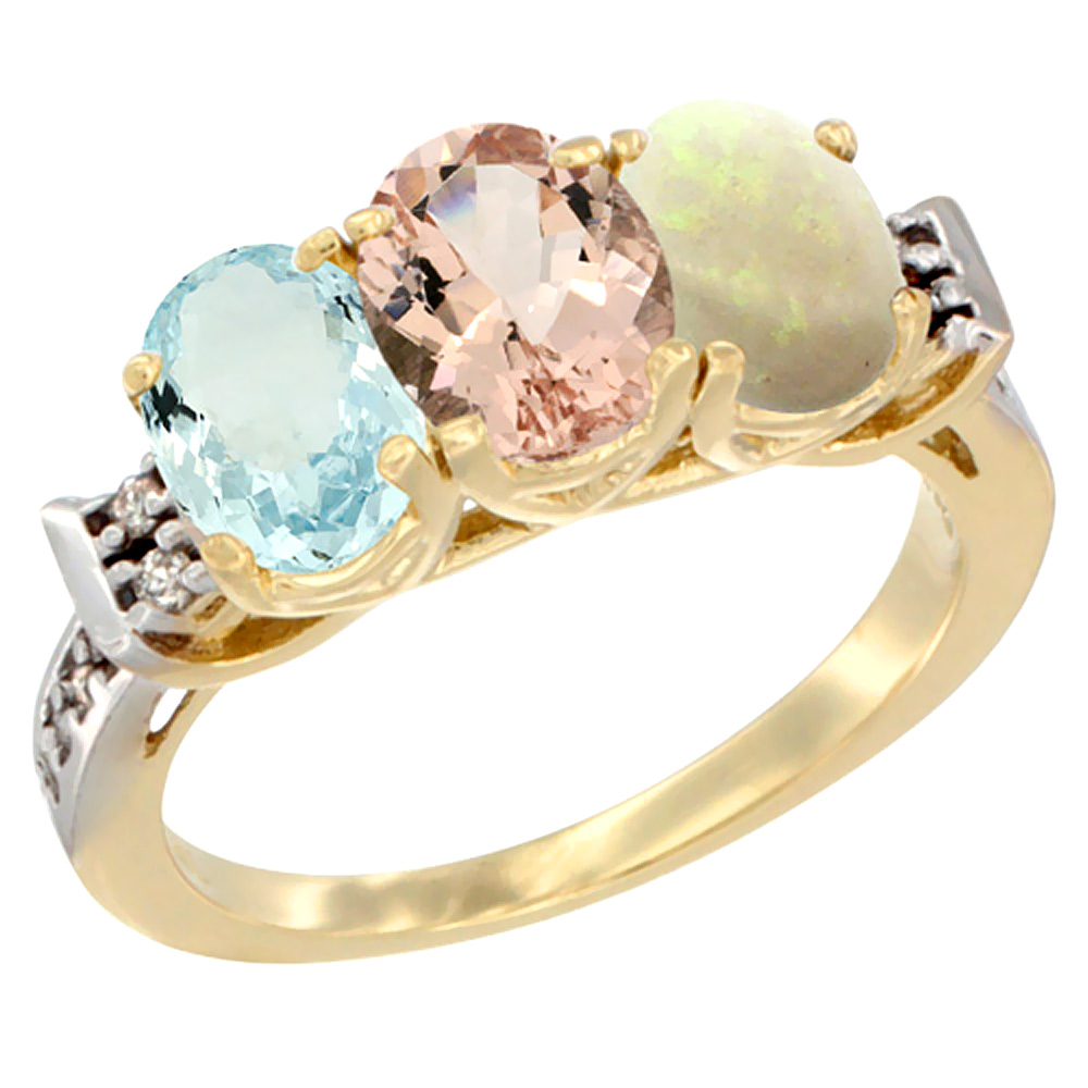 14K Yellow Gold Natural Aquamarine, Morganite & Opal Ring 3-Stone Oval 7x5 mm Diamond Accent, sizes 5 - 10