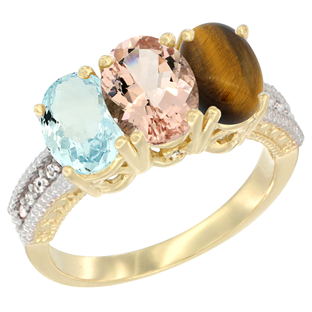 14K Yellow Gold Natural Aquamarine, Morganite &amp; Tiger Eye Ring 3-Stone Oval 7x5 mm Diamond Accent, sizes 5 - 10