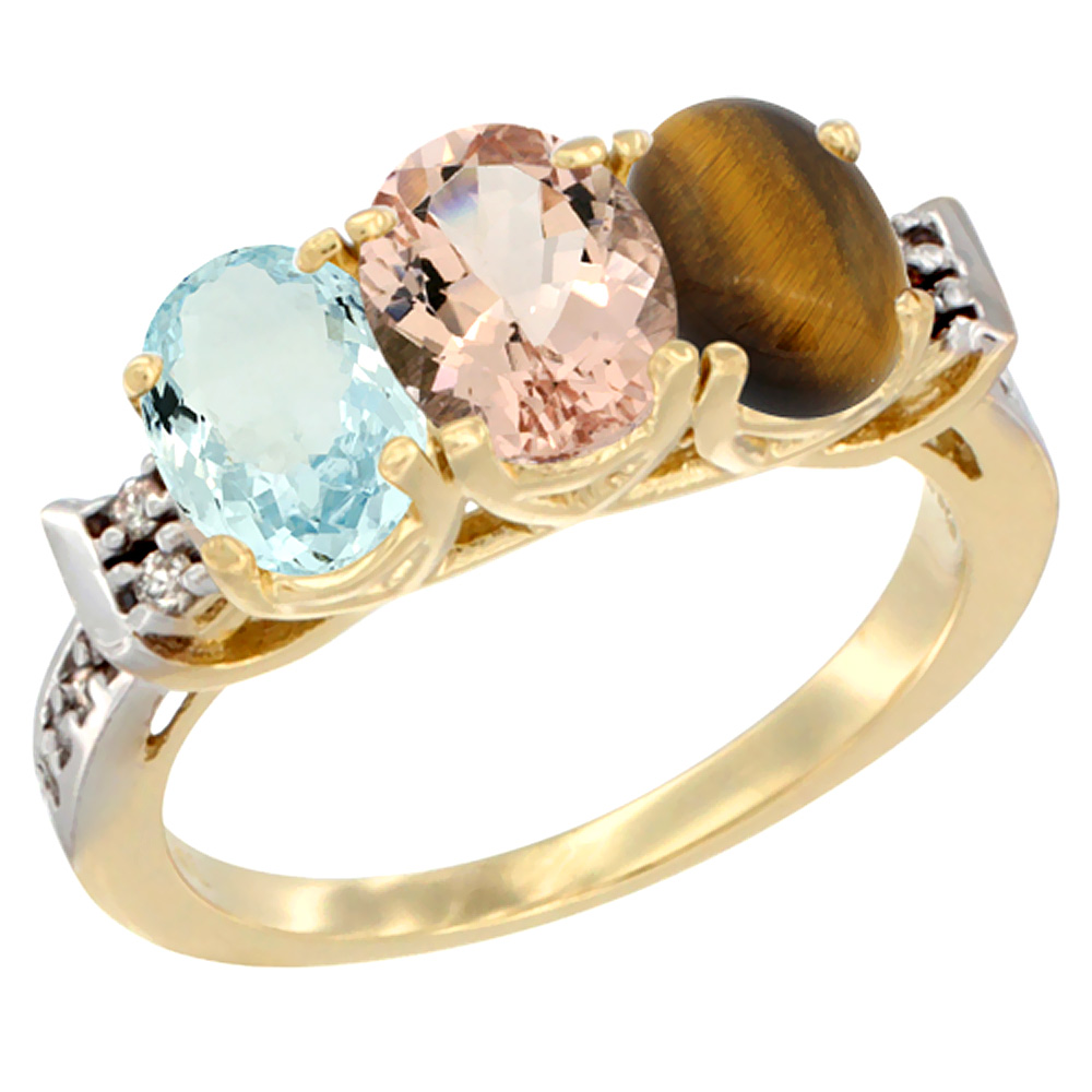 14K Yellow Gold Natural Aquamarine, Morganite & Tiger Eye Ring 3-Stone Oval 7x5 mm Diamond Accent, sizes 5 - 10