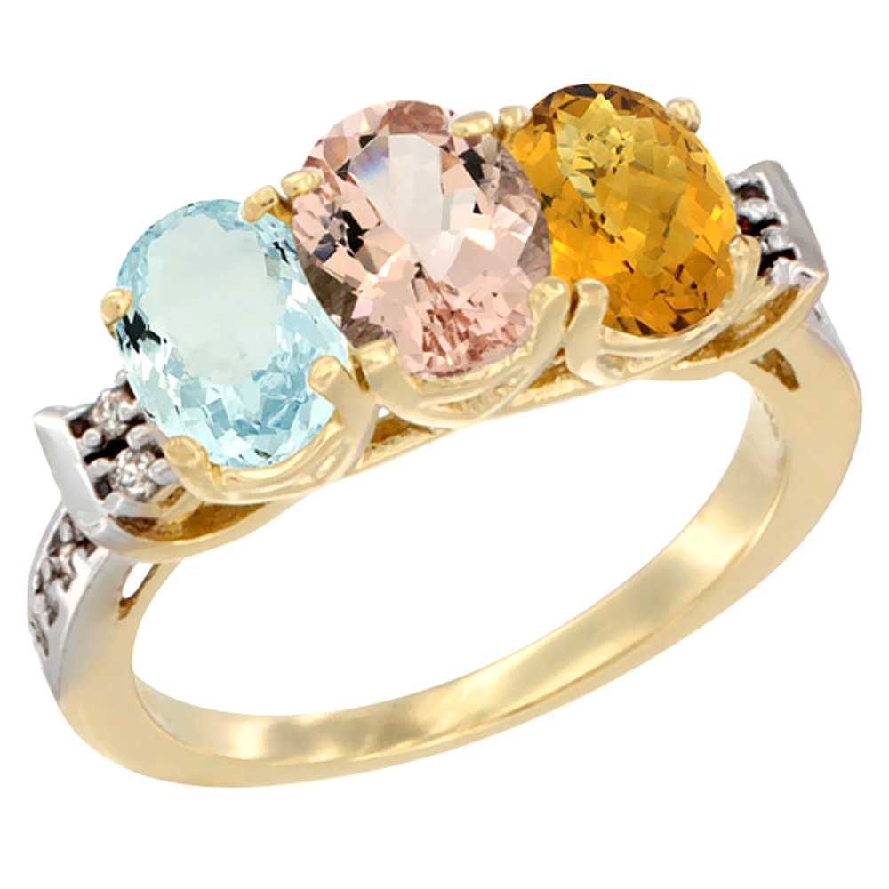 14K Yellow Gold Natural Aquamarine, Morganite & Whisky Quartz Ring 3-Stone Oval 7x5 mm Diamond Accent, sizes 5 - 10