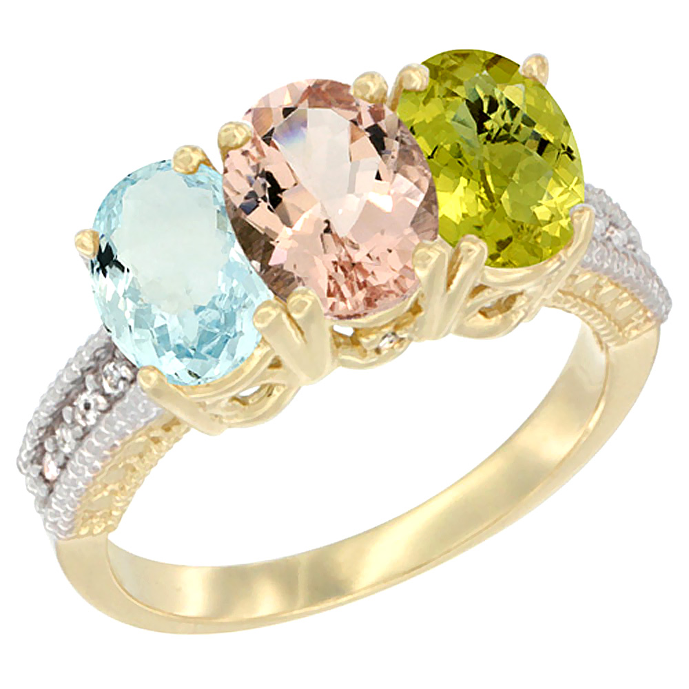 14K Yellow Gold Natural Aquamarine, Morganite & Lemon Quartz Ring 3-Stone Oval 7x5 mm Diamond Accent, sizes 5 - 10