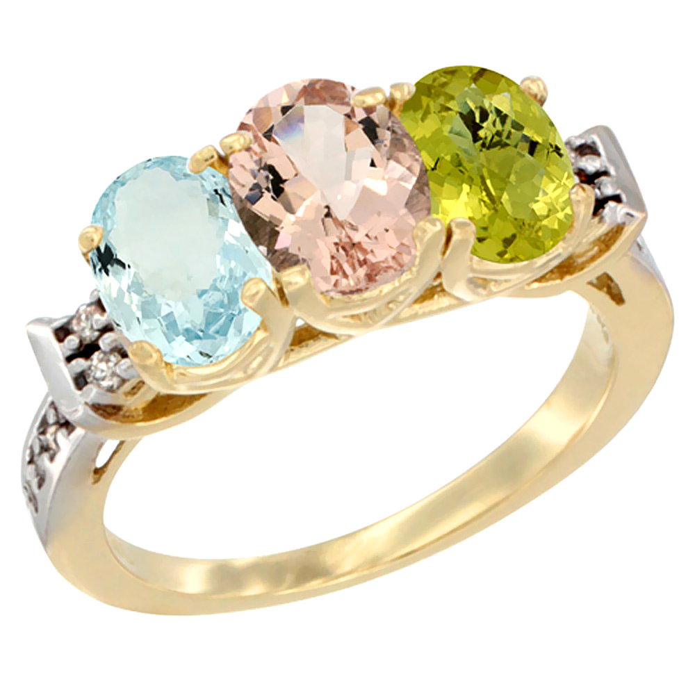 14K Yellow Gold Natural Aquamarine, Morganite & Lemon Quartz Ring 3-Stone Oval 7x5 mm Diamond Accent, sizes 5 - 10