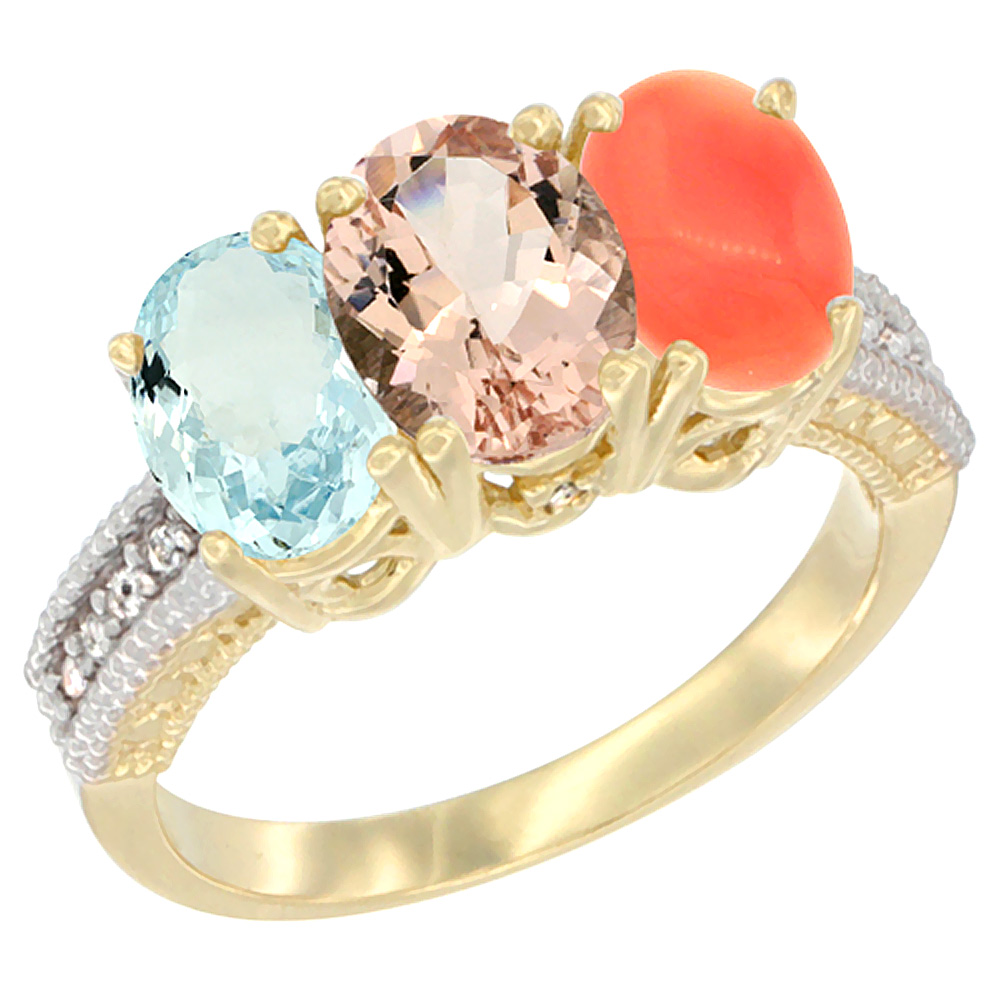 14K Yellow Gold Natural Aquamarine, Morganite &amp; Coral Ring 3-Stone Oval 7x5 mm Diamond Accent, sizes 5 - 10