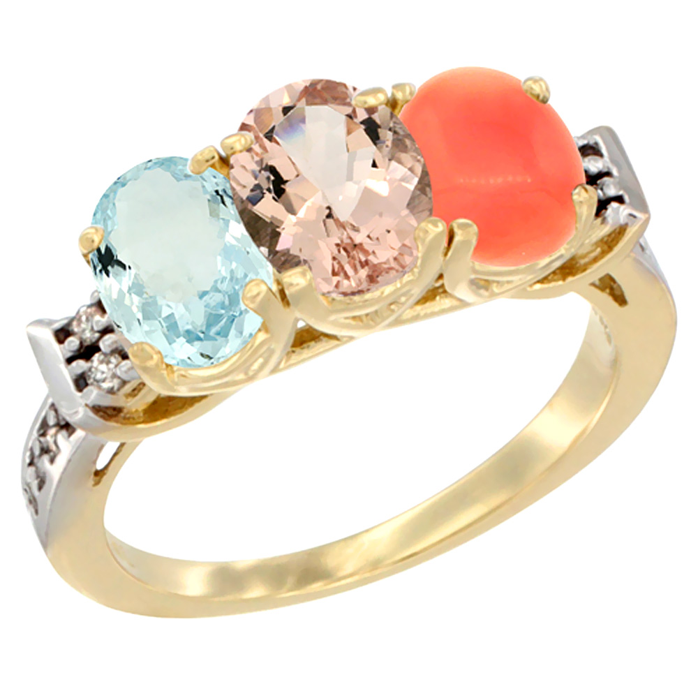 14K Yellow Gold Natural Aquamarine, Morganite &amp; Coral Ring 3-Stone Oval 7x5 mm Diamond Accent, sizes 5 - 10