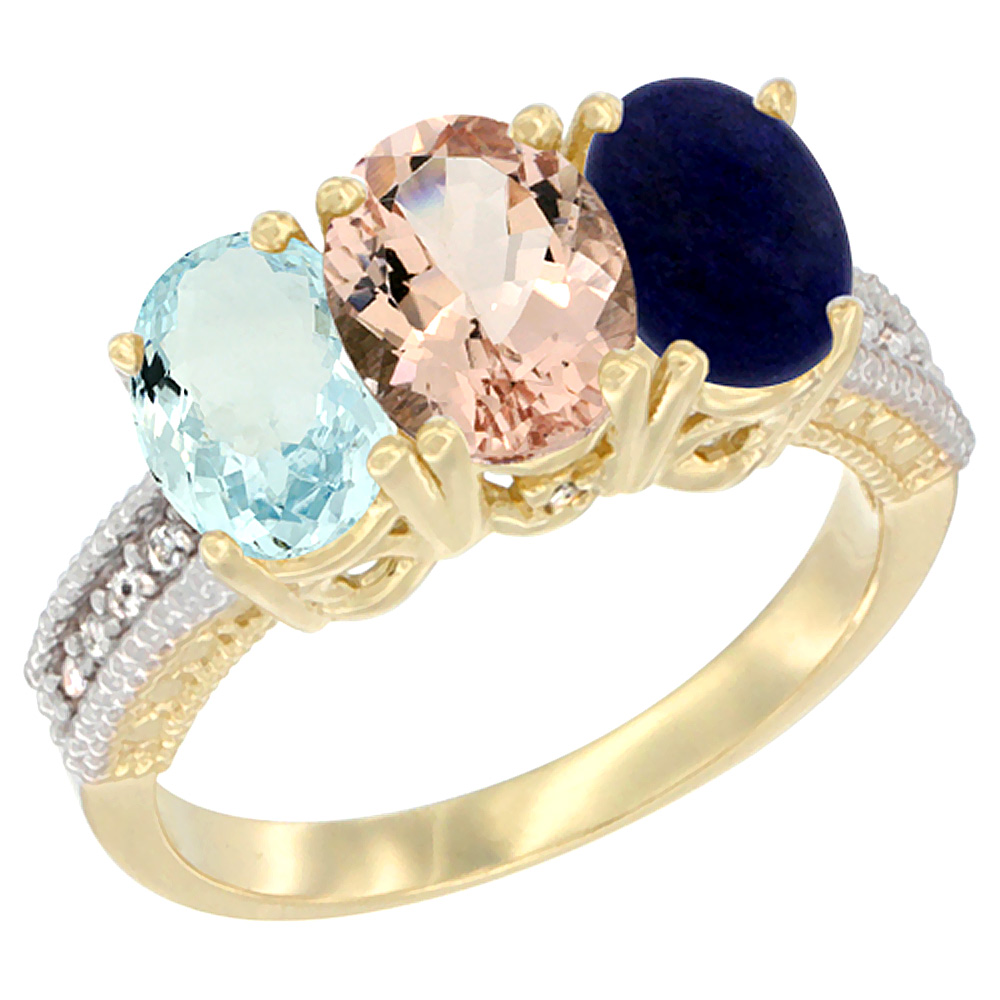 14K Yellow Gold Natural Aquamarine, Morganite &amp; Lapis Ring 3-Stone Oval 7x5 mm Diamond Accent, sizes 5 - 10