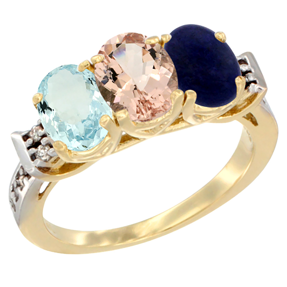 14K Yellow Gold Natural Aquamarine, Morganite &amp; Lapis Ring 3-Stone Oval 7x5 mm Diamond Accent, sizes 5 - 10