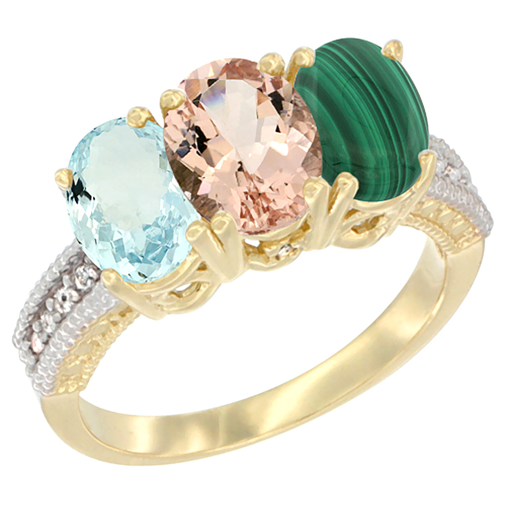 14K Yellow Gold Natural Aquamarine, Morganite & Malachite Ring 3-Stone Oval 7x5 mm Diamond Accent, sizes 5 - 10