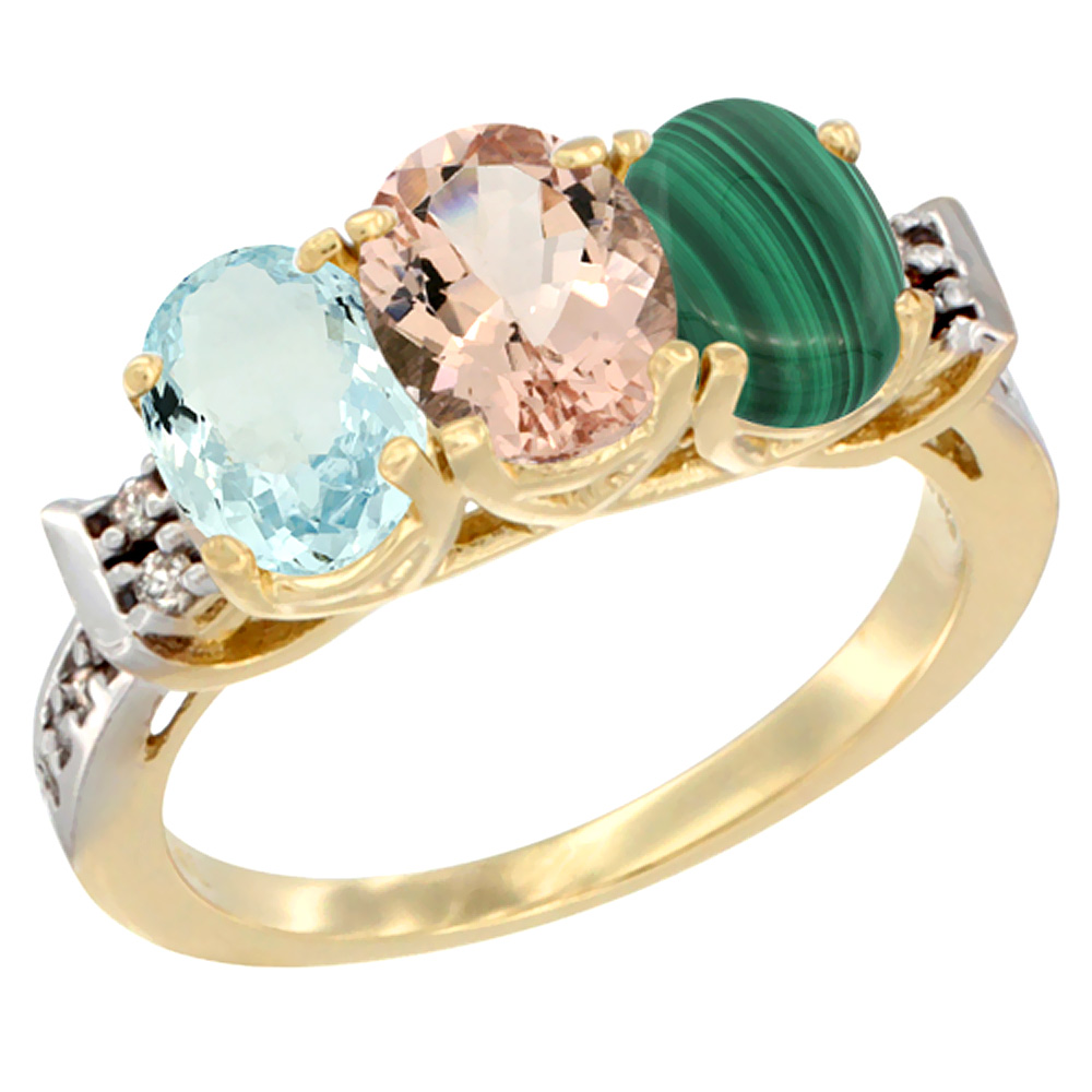 14K Yellow Gold Natural Aquamarine, Morganite & Malachite Ring 3-Stone Oval 7x5 mm Diamond Accent, sizes 5 - 10