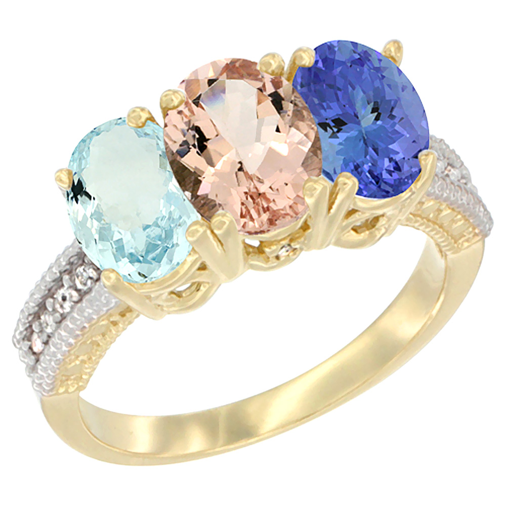 14K Yellow Gold Natural Aquamarine, Morganite & Tanzanite Ring 3-Stone Oval 7x5 mm Diamond Accent, sizes 5 - 10