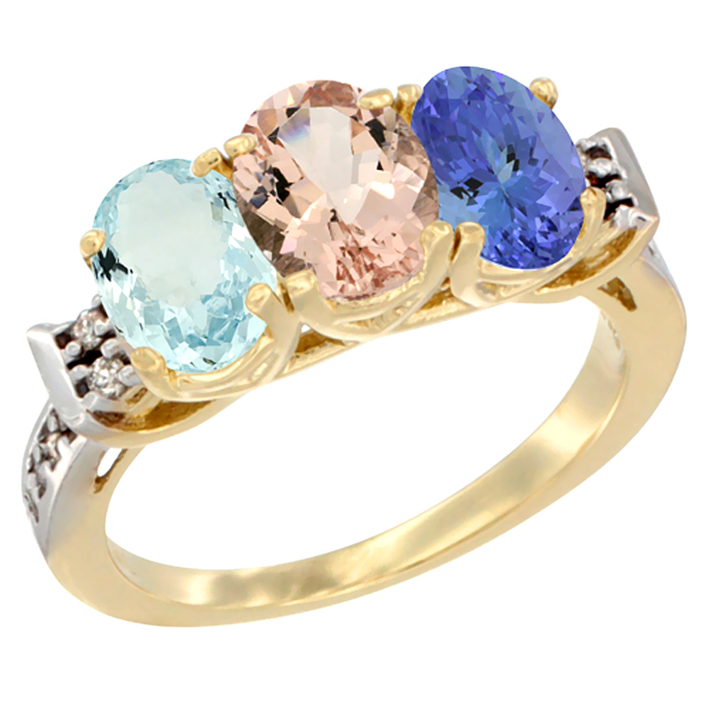 14K Yellow Gold Natural Aquamarine, Morganite &amp; Tanzanite Ring 3-Stone Oval 7x5 mm Diamond Accent, sizes 5 - 10