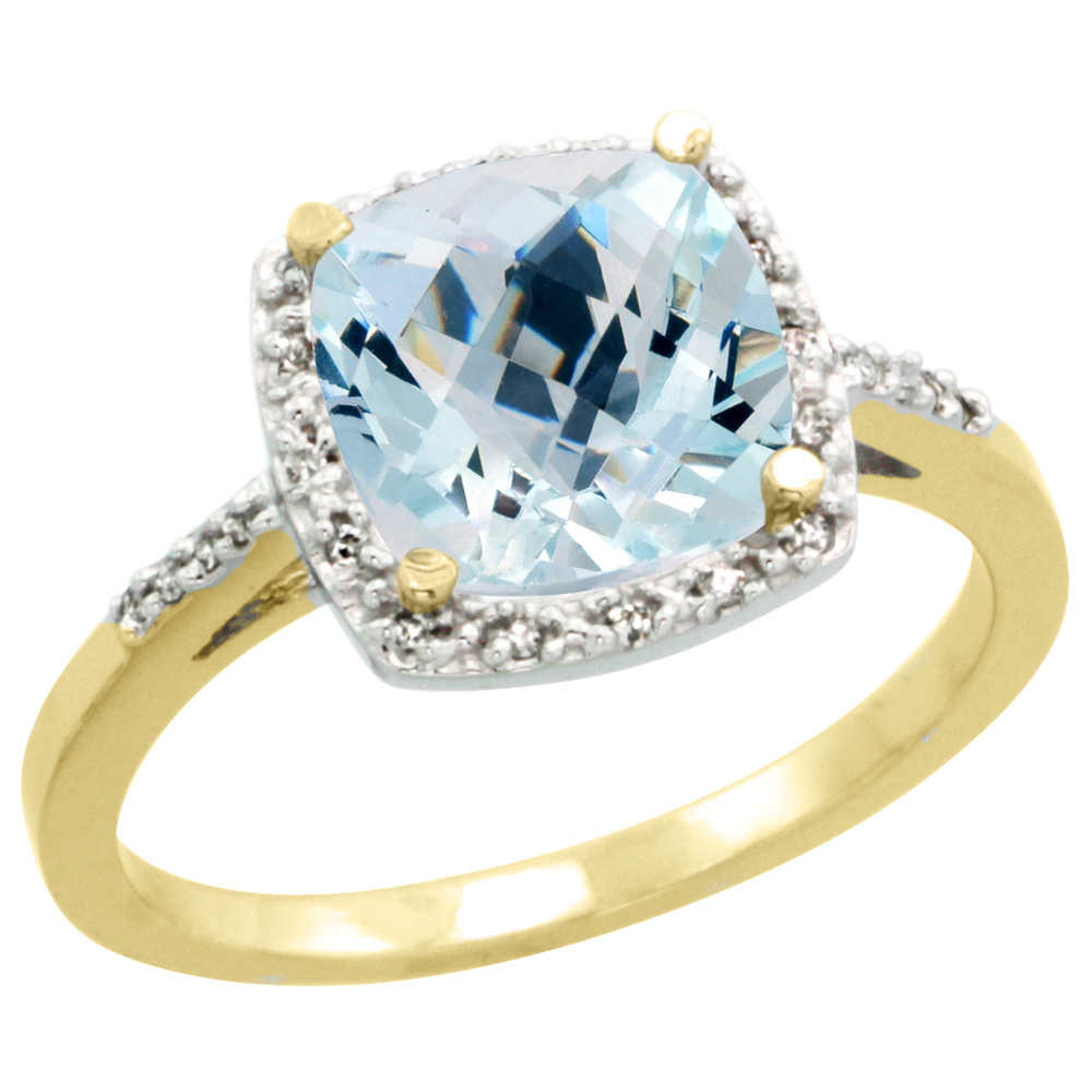 10K Yellow Gold Diamond Natural Aquamarine Ring Cushion-cut 8x8 mm, sizes 5-10