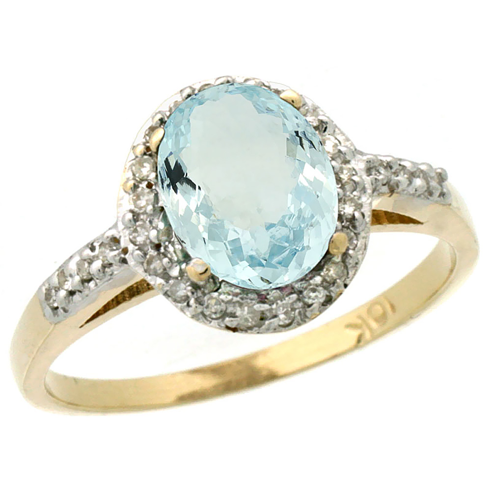 10K Yellow Gold Diamond Natural Aquamarine Ring Oval 8x6mm, sizes 5-10