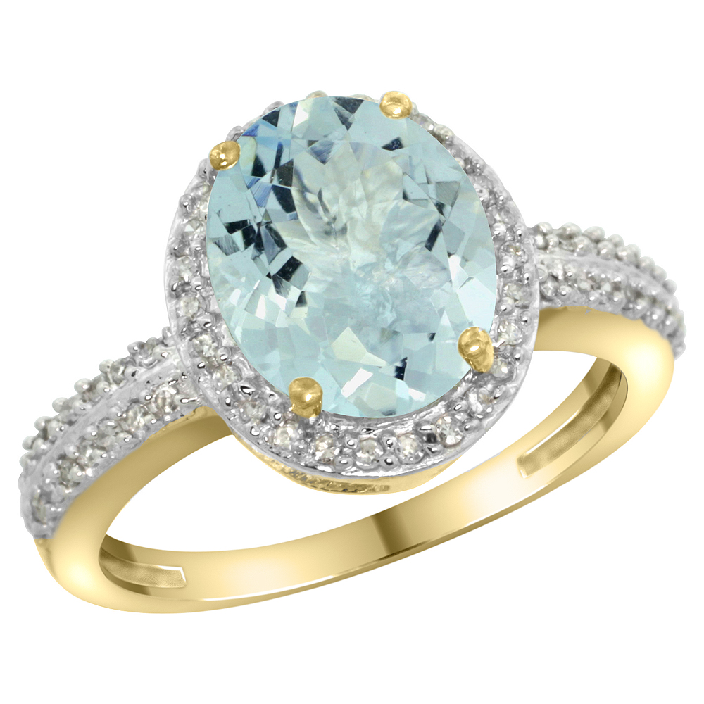 10K Yellow Gold Diamond Natural Aquamarine Engagement Ring Oval 10x8mm, sizes 5-10