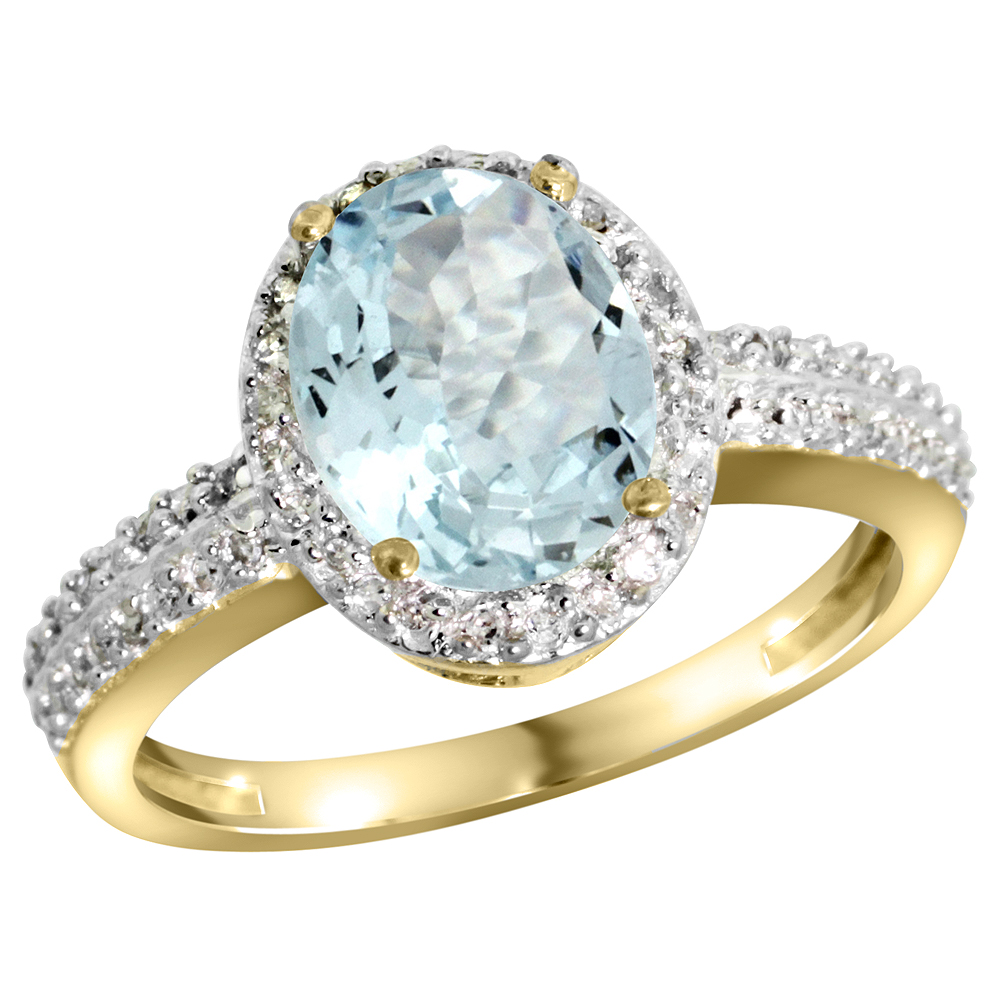 14K Yellow Gold Diamond Natural Aquamarine Ring Oval 9x7mm, sizes 5-10