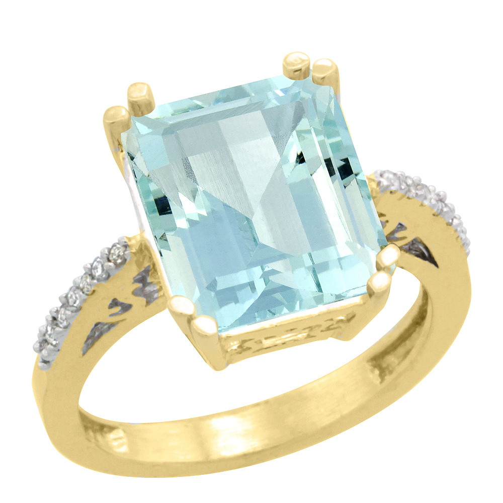 10K Yellow Gold Diamond Natural Aquamarine Ring Emerald-cut 12x10mm, sizes 5-10