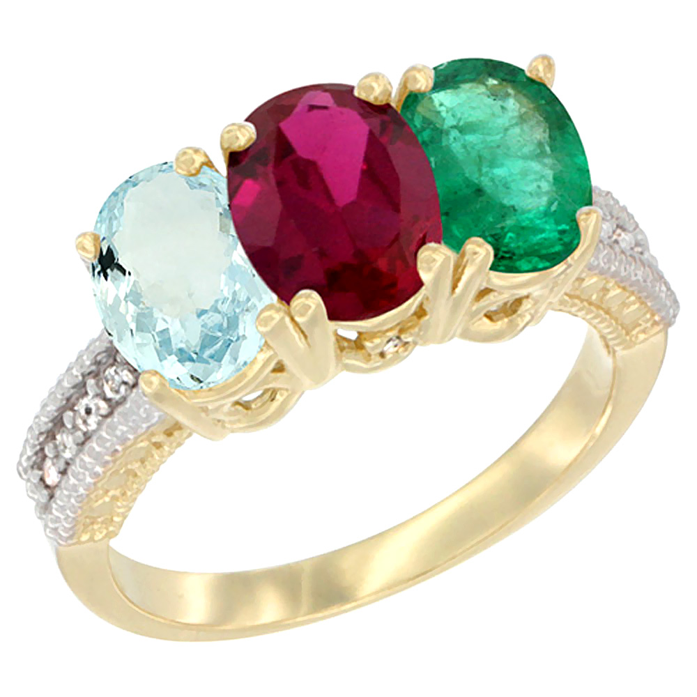 14K Yellow Gold Natural Aquamarine, Enhanced Ruby & Natural Emerald Ring 3-Stone Oval 7x5 mm Diamond Accent, sizes 5 - 10