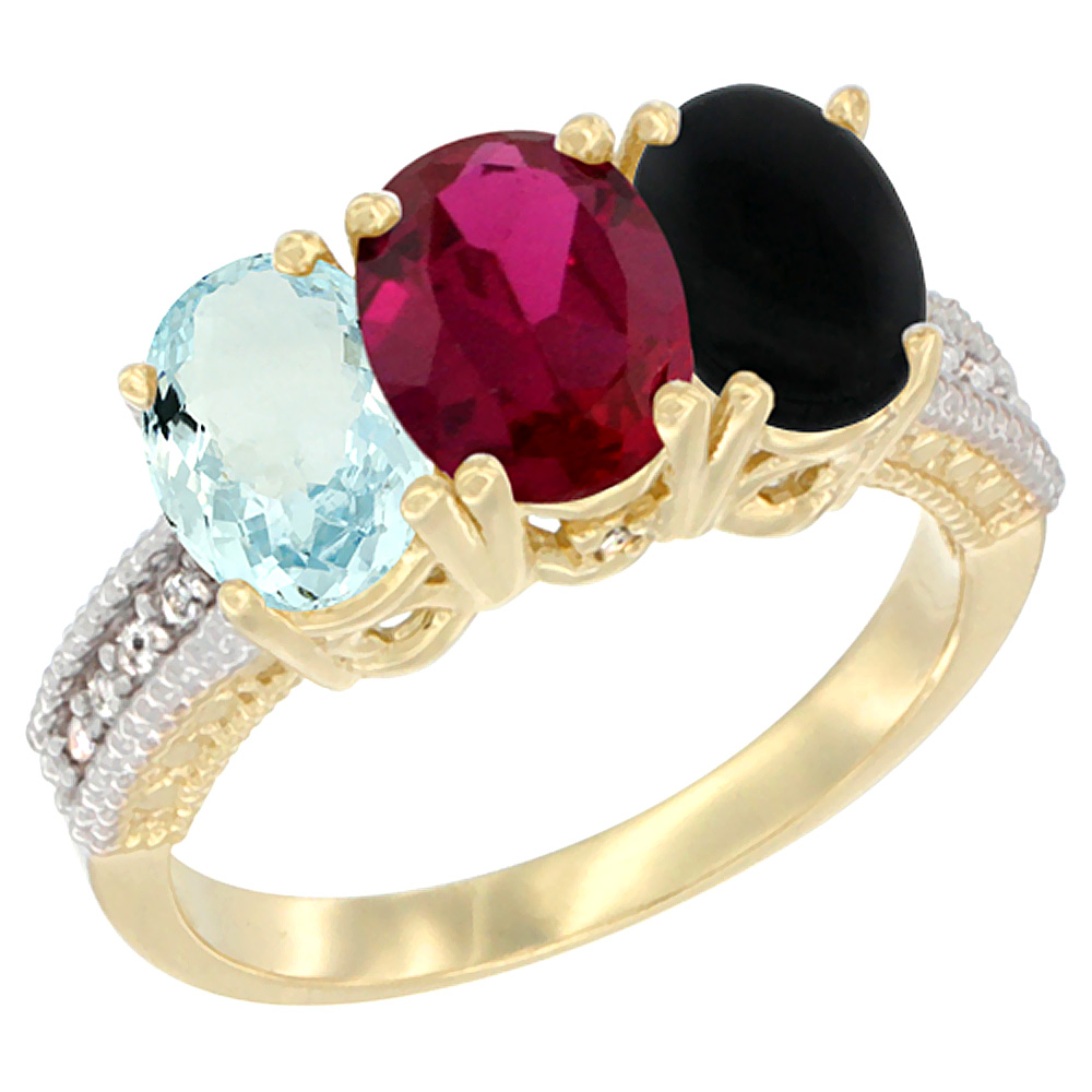 10K Yellow Gold Natural Aquamarine, Enhanced Ruby & Black Onyx Ring 3-Stone Oval 7x5 mm, sizes 5 - 10