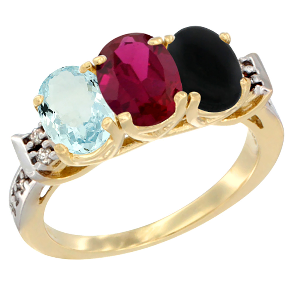 10K Yellow Gold Natural Aquamarine, Enhanced Ruby & Natural Black Onyx Ring 3-Stone Oval 7x5 mm Diamond Accent, sizes 5 - 10