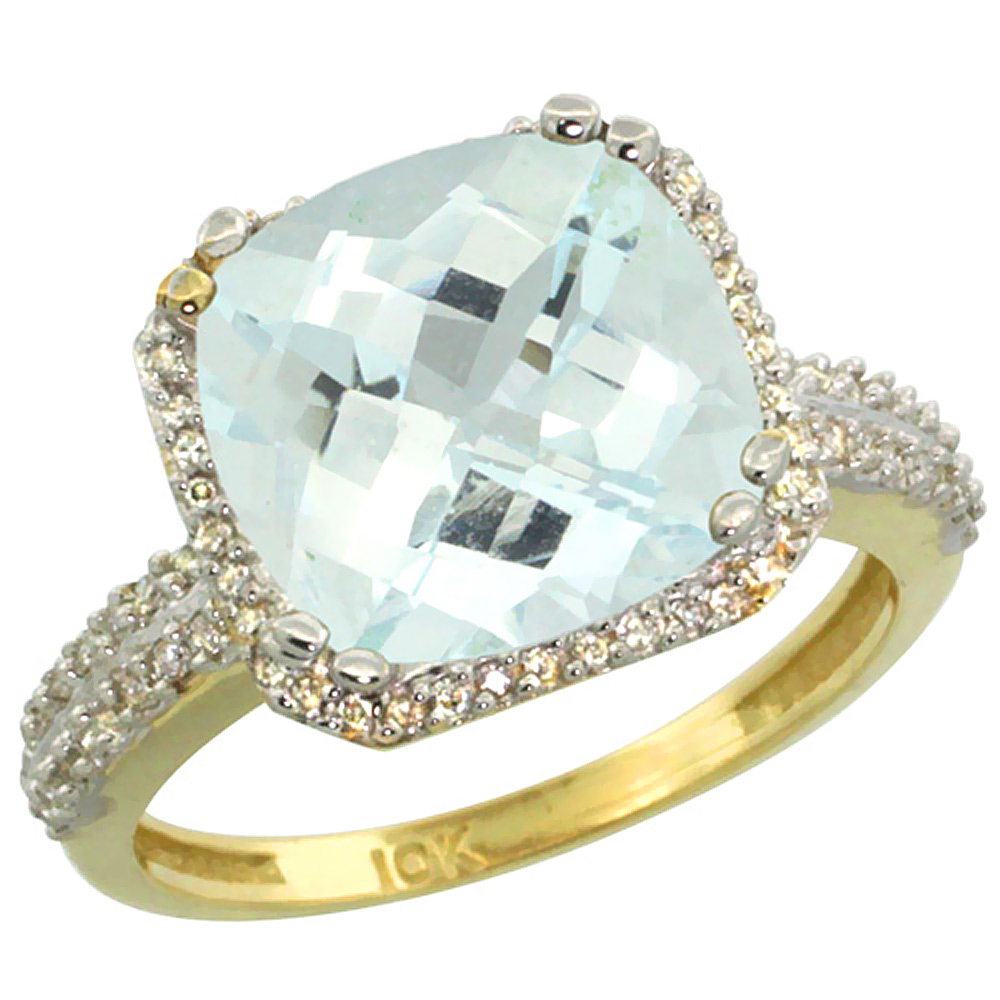 10k Yellow Gold Natural Aquamarine Ring Cushion-cut 11x11mm Diamond Halo, sizes 5-10