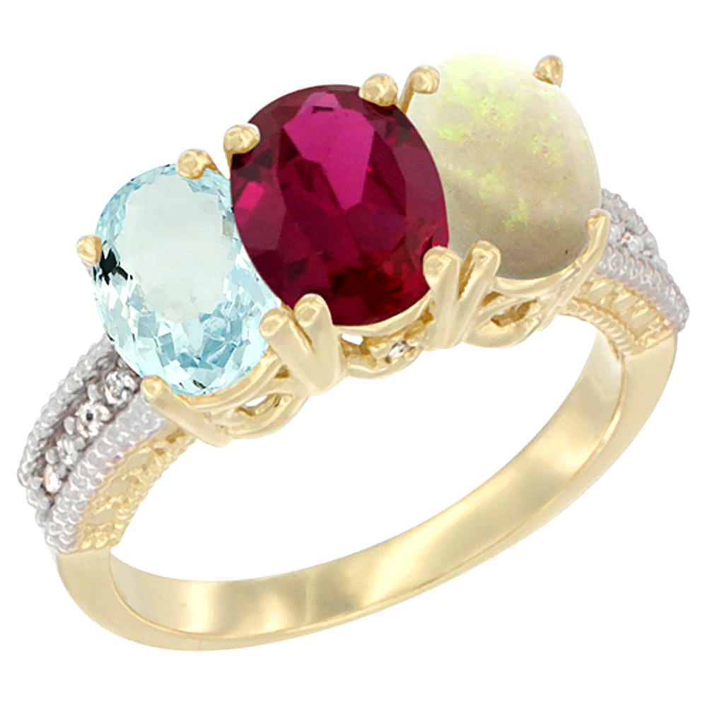 10K Yellow Gold Natural Aquamarine, Enhanced Ruby & Opal Ring 3-Stone Oval 7x5 mm, sizes 5 - 10