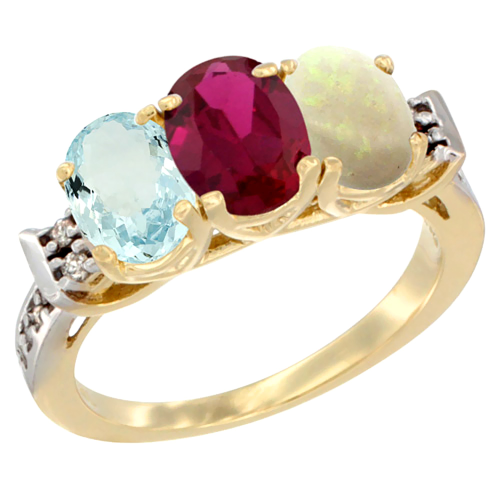 14K Yellow Gold Natural Aquamarine, Enhanced Ruby & Natural Opal Ring 3-Stone Oval 7x5 mm Diamond Accent, sizes 5 - 10