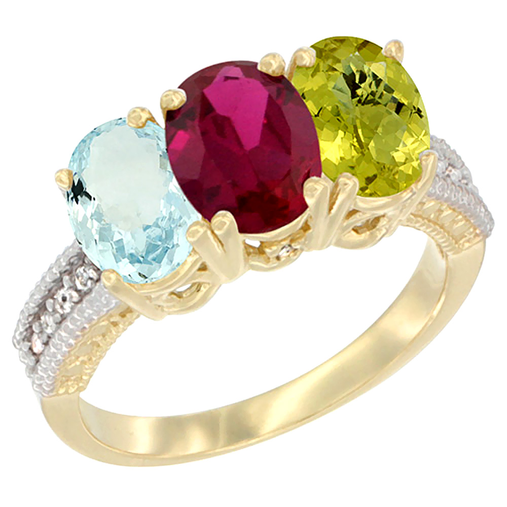 10K Yellow Gold Natural Aquamarine, Enhanced Ruby &amp; Lemon Quartz Ring 3-Stone Oval 7x5 mm, sizes 5 - 10