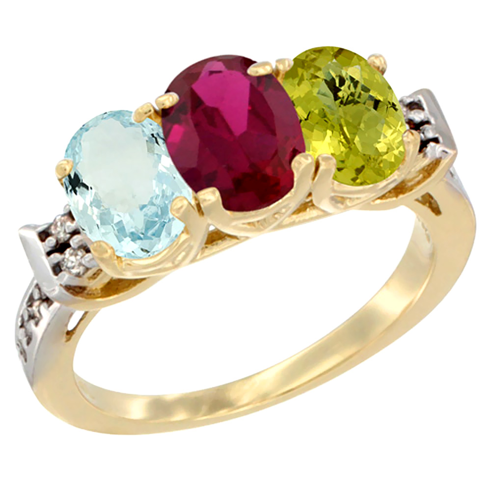 10K Yellow Gold Natural Aquamarine, Enhanced Ruby &amp; Natural Lemon Quartz Ring 3-Stone Oval 7x5 mm Diamond Accent, sizes 5 - 10