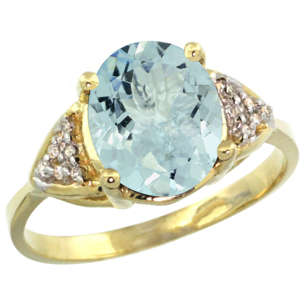 10K Yellow Gold Diamond Natural Aquamarine Engagement Ring Oval 10x8mm, sizes 5-10