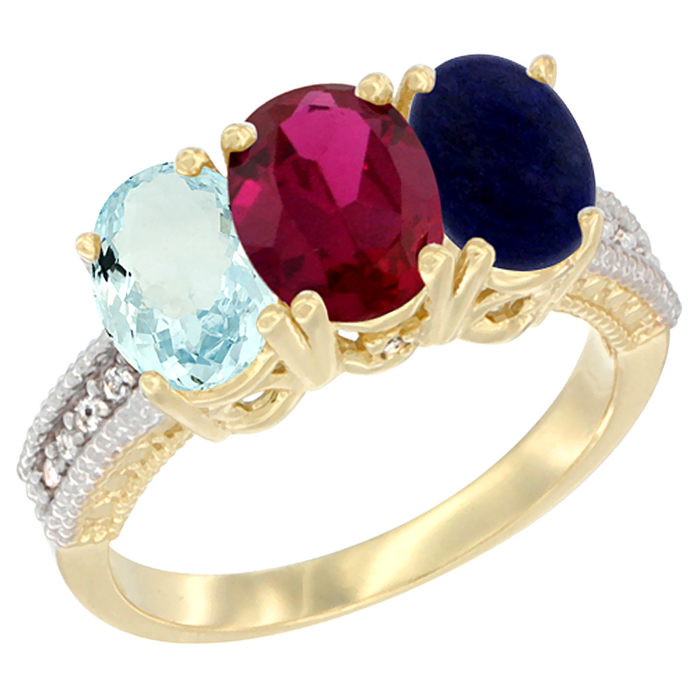 10K Yellow Gold Natural Aquamarine, Enhanced Ruby & Lapis Ring 3-Stone Oval 7x5 mm, sizes 5 - 10