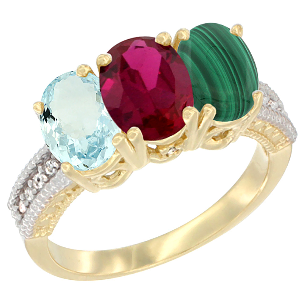 10K Yellow Gold Natural Aquamarine, Enhanced Ruby & Malachite Ring 3-Stone Oval 7x5 mm, sizes 5 - 10