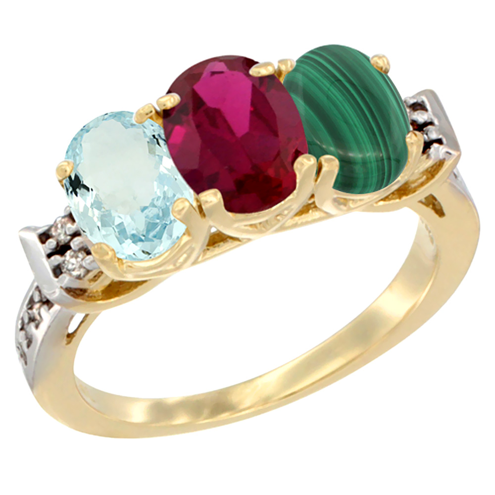 10K Yellow Gold Natural Aquamarine, Enhanced Ruby & Natural Malachite Ring 3-Stone Oval 7x5 mm Diamond Accent, sizes 5 - 10