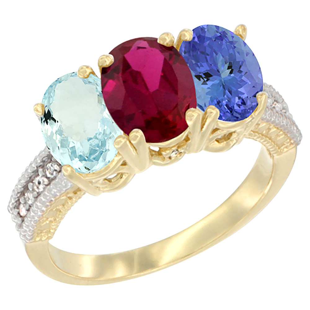 10K Yellow Gold Natural Aquamarine, Enhanced Ruby &amp; Tanzanite Ring 3-Stone Oval 7x5 mm, sizes 5 - 10