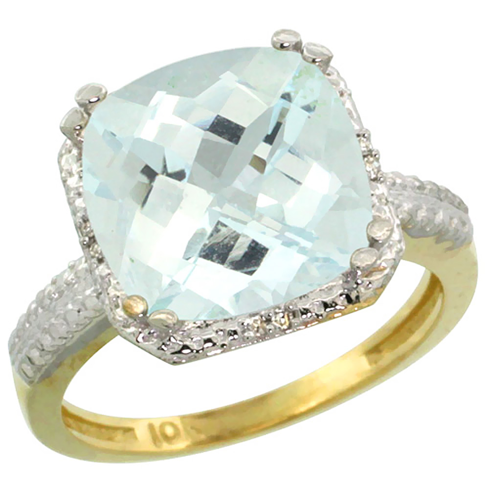 14K Yellow Gold Diamond Natural Aquamarine Ring Cushion-cut 11x11mm, sizes 5-10