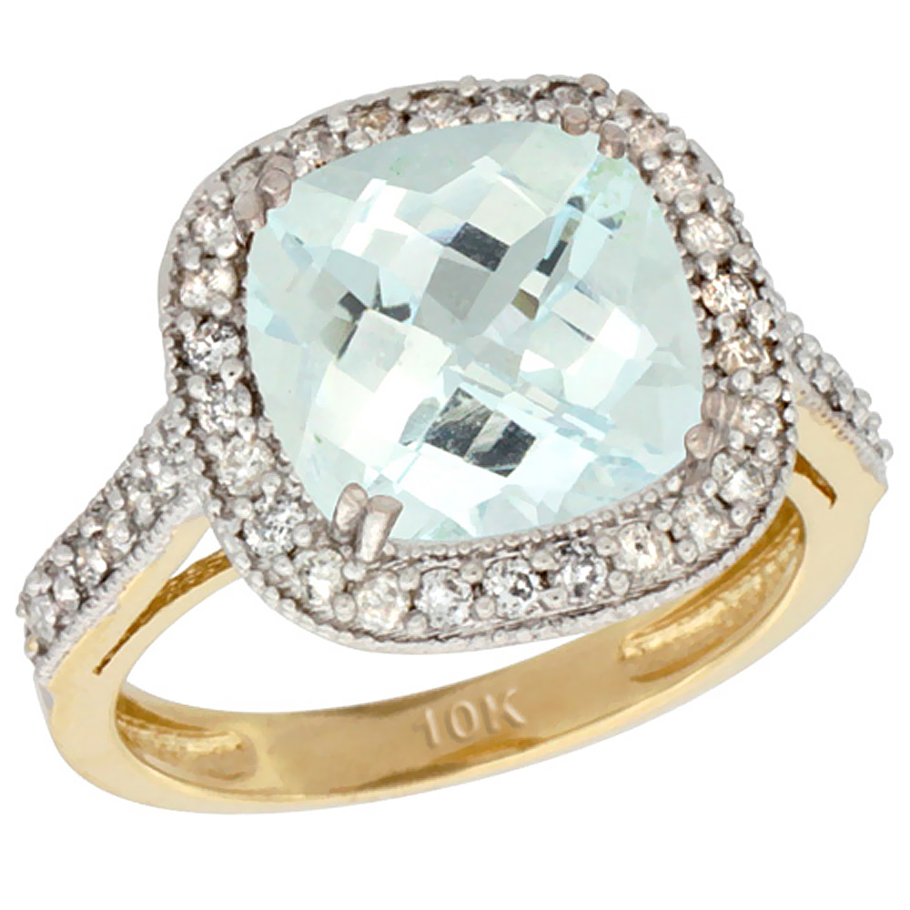 14K Yellow Gold Natural Aquamarine Ring Cushion-cut 9x9mm Diamond Halo, sizes 5-10