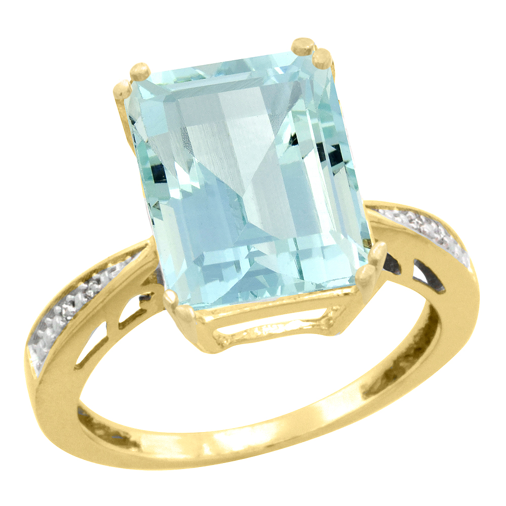 14K Yellow Gold Diamond Natural Aquamarine Ring Emerald-cut 12x10mm, sizes 5-10