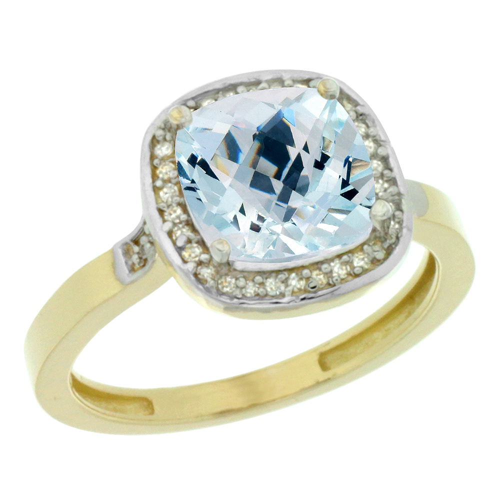 14K Yellow Gold Diamond Natural Aquamarine Ring Cushion-cut 8x8mm, sizes 5-10