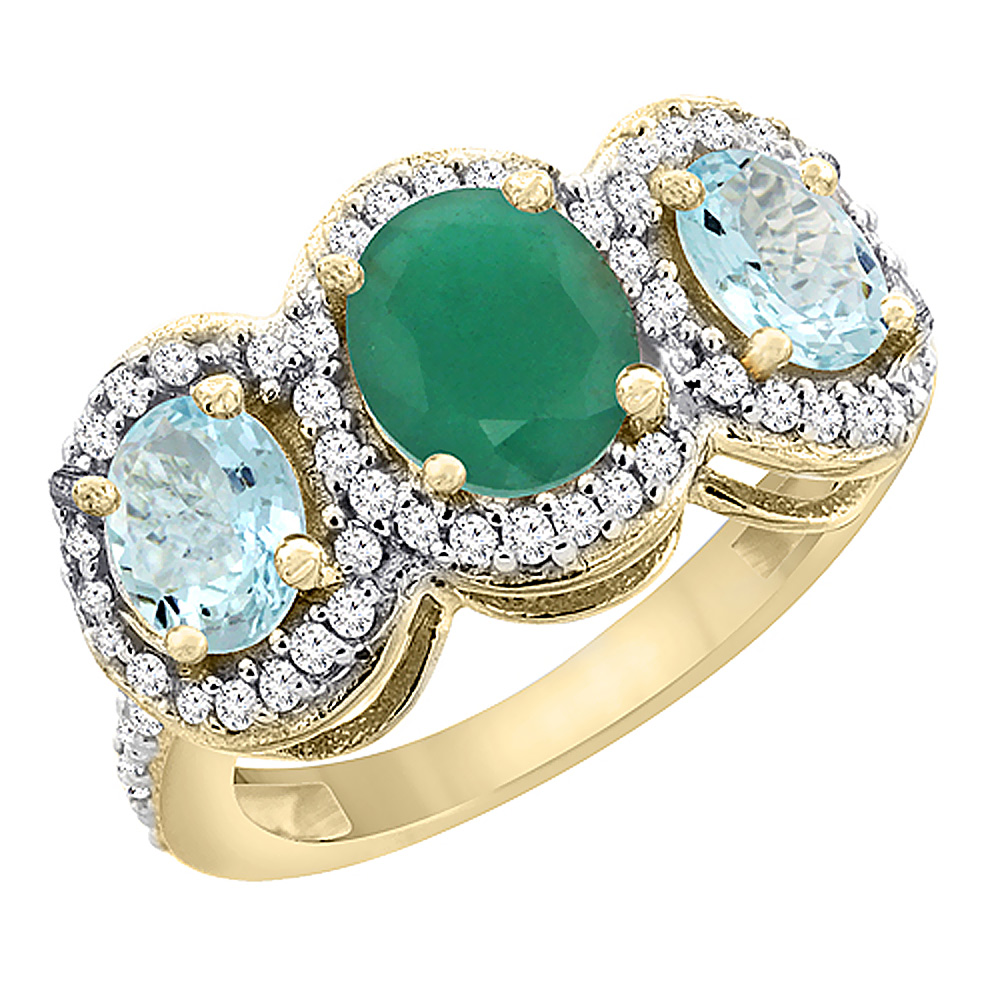 10K Yellow Gold Natural Quality Emerald &amp; Aquamarine 3-stone Mothers Ring Oval Diamond Accent, size5 - 10