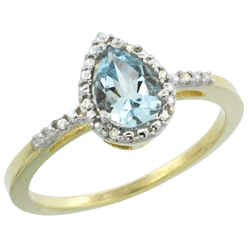 10K Yellow Gold Diamond Natural Aquamarine Ring Pear 7x5mm, sizes 5-10