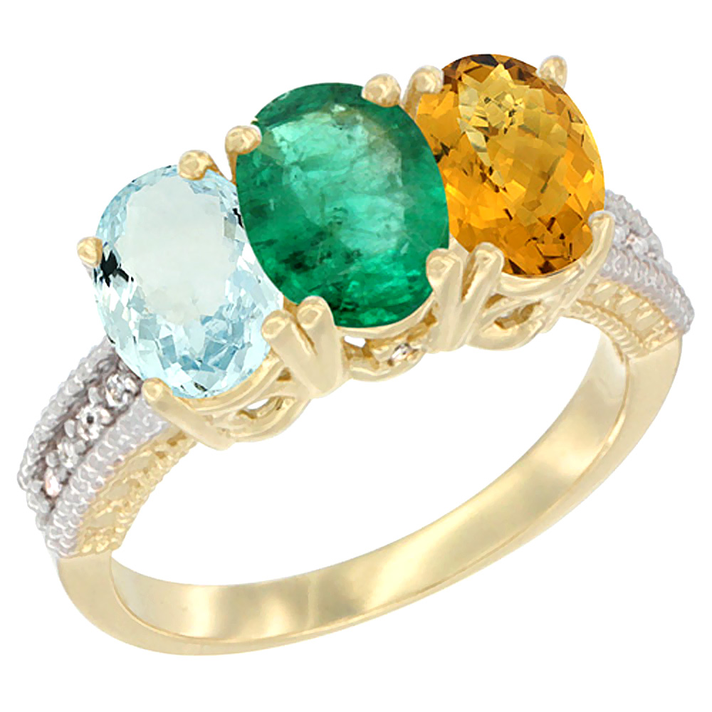 14K Yellow Gold Natural Aquamarine, Emerald & Whisky Quartz Ring 3-Stone Oval 7x5 mm Diamond Accent, sizes 5 - 10