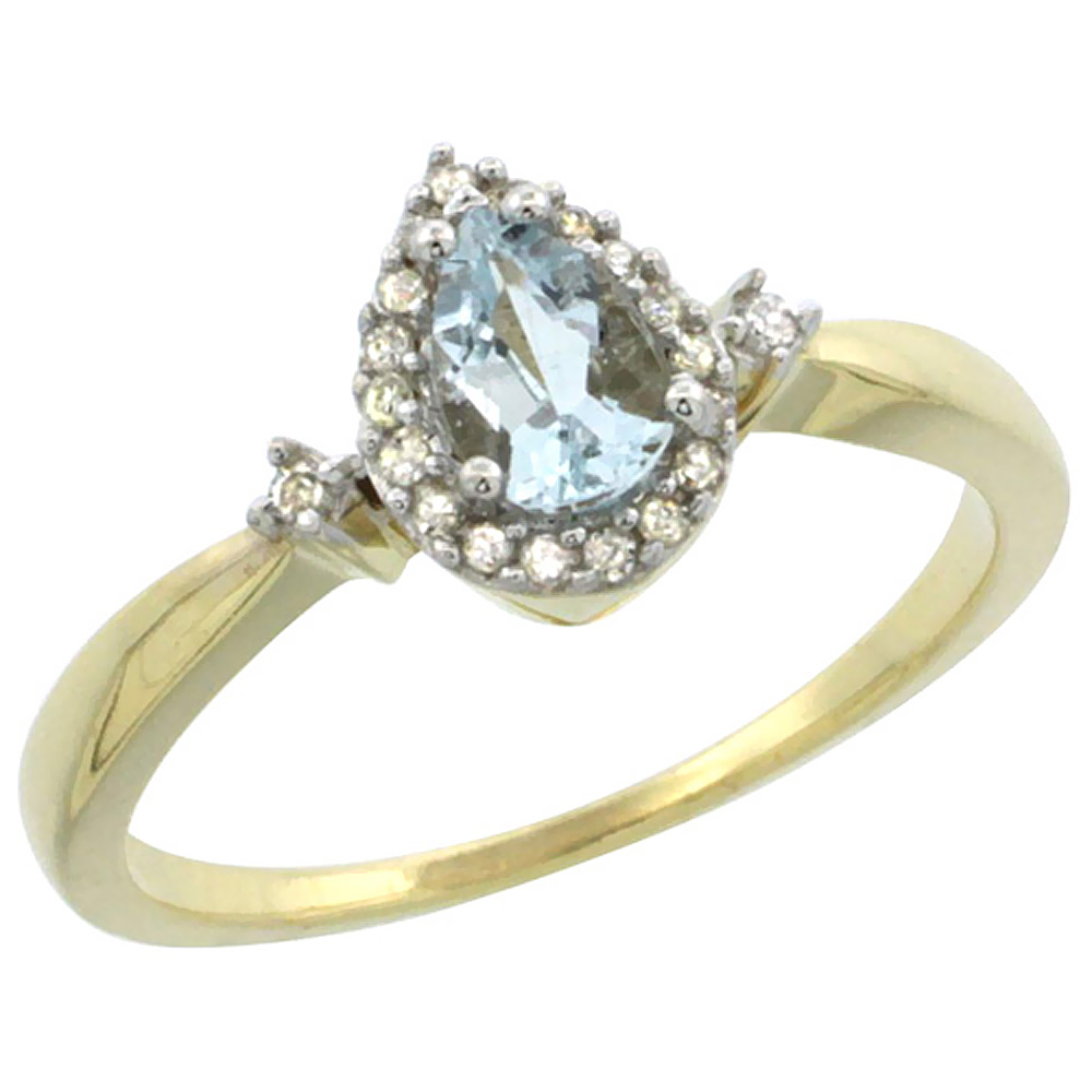 14K Yellow Gold Diamond Natural Aquamarine Ring Pear 6x4mm, sizes 5-10