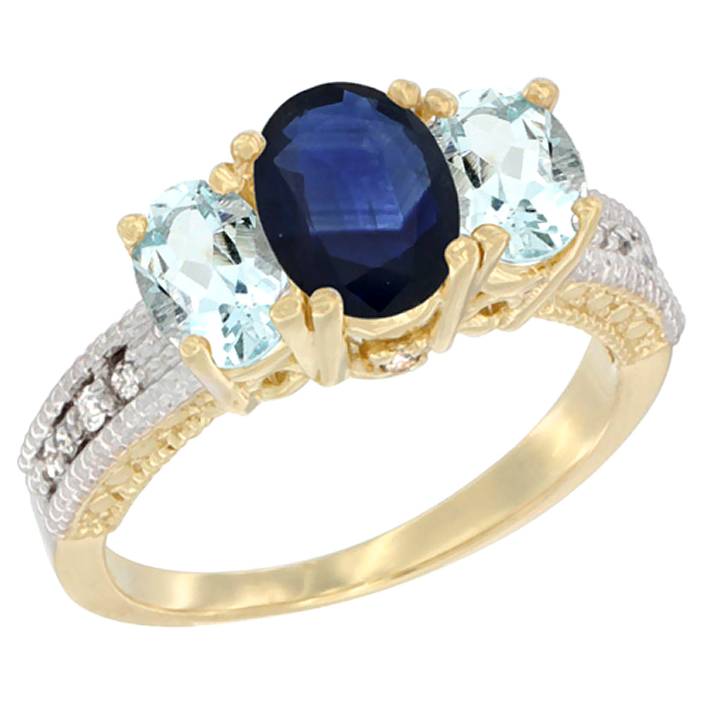 14K Yellow Gold Diamond Natural Blue Sapphire Ring Oval 3-stone with Aquamarine, sizes 5 - 10