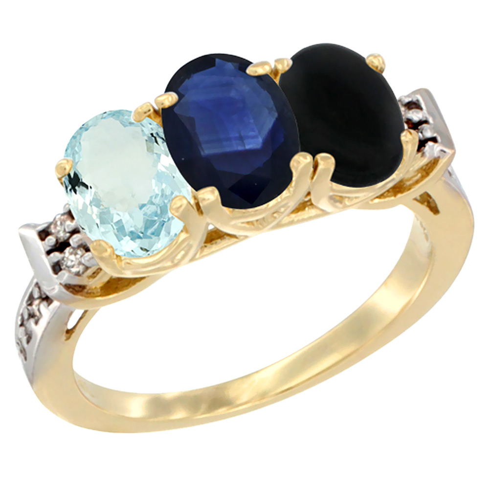 14K Yellow Gold Natural Aquamarine, Blue Sapphire & Black Onyx Ring 3-Stone Oval 7x5 mm Diamond Accent, sizes 5 - 10