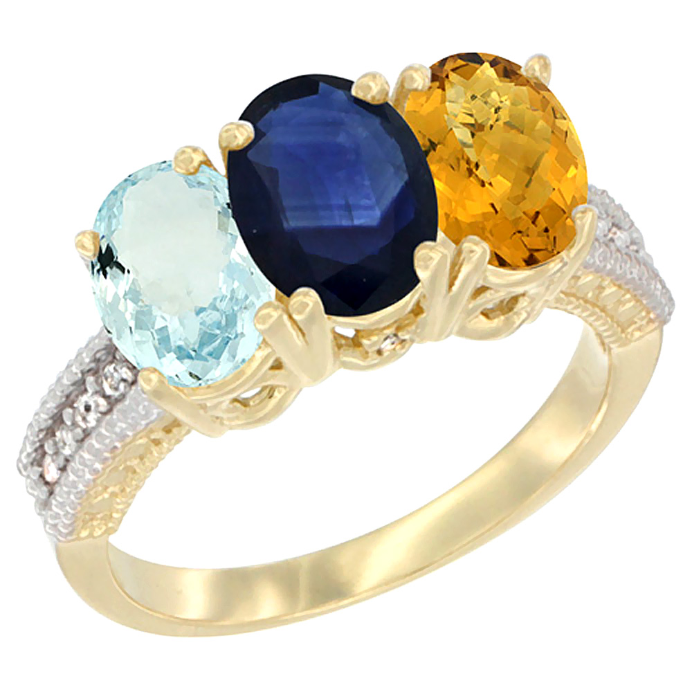 14K Yellow Gold Natural Aquamarine, Blue Sapphire & Whisky Quartz Ring 3-Stone Oval 7x5 mm Diamond Accent, sizes 5 - 10